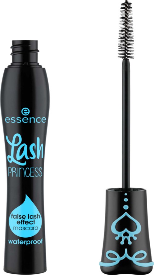 Een mascara fles met een kwast, met blauwe en zwarte kleuren, met de label 'Lash Princess' en een schedelontwerp.