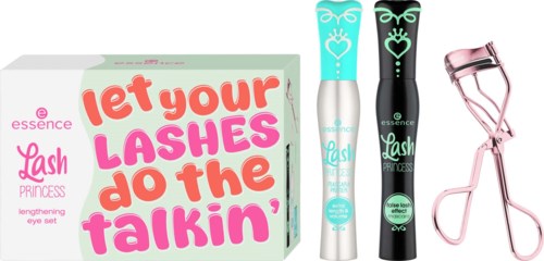 A set of eyelash extension tools and a pink eyelash curler, with packaging showing the slogan, "Let your lashes do the talkin'."