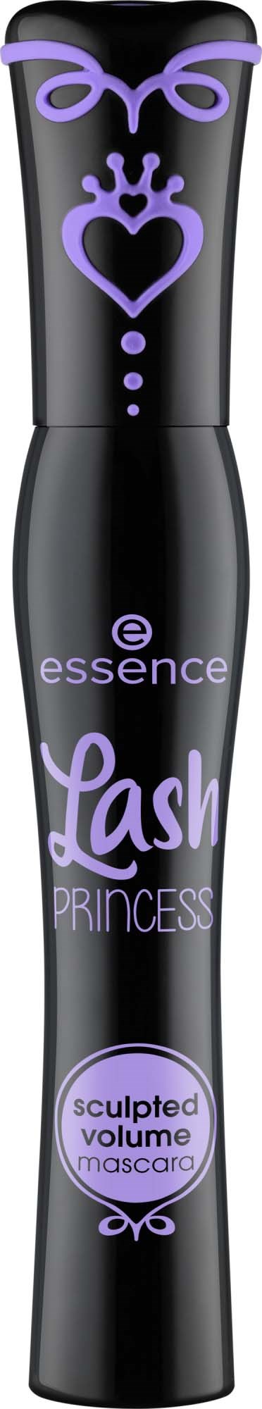 En svart mascara-rör med lila dekorativa element och texten Lash Princess och sculpted volume.