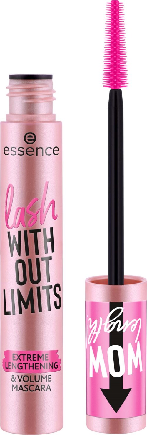 Eine rosa Wimperntusche mit den Worten "Lash Without Limits" und einem offenen Bürstenapplikator.