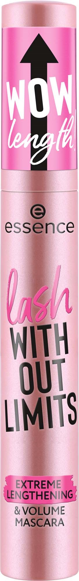 Rosa Mascara-Röhre mit fettem schwarzen und weißen Text, der Wow Länge und Wimpern ohne Grenzen sagt.