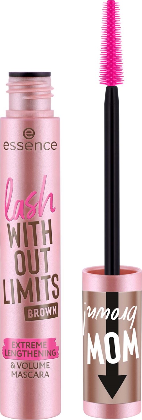 Roze mascara tube met een kwast, gemarkeerd voor wimpers en een inspirerende boodschap voor moeders.