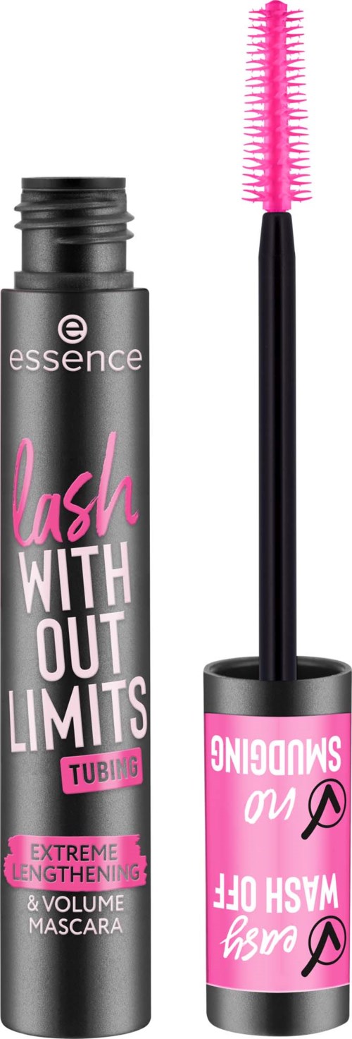 Een mascara-buis en spons met roze en zwart ontwerp, gemarkeerd 'lash with out limits.'
