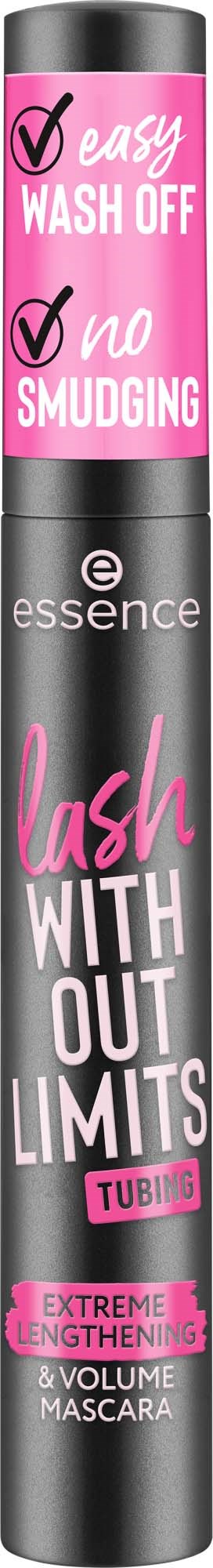 Een zwarte en roze tube mascara beweert gemakkelijk af te wassen, geen smudging, extreme verlenging en volume voor wimpers.