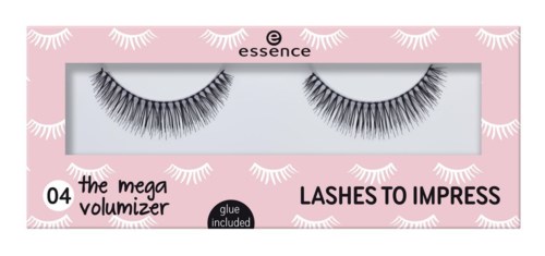 Rosa förpackning med false ögonfransar, märket 'essence', 'Lashes to Impress' och 'mega volumizer' text.