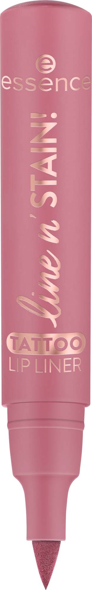Roter Tattoo-Lipliner von Essence, mit weißen Text, zum Umranden der Lippen für Tattoos oder Make-up.