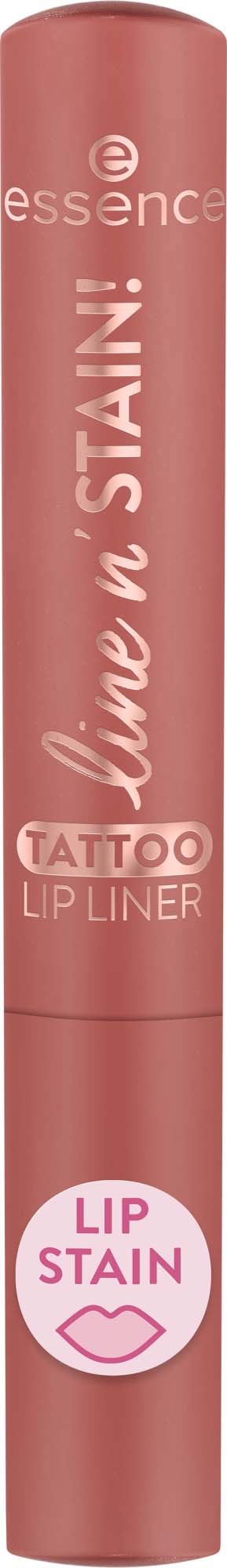 A pink lip liner tube with white text and a lip stain symbol. It says Essence live in STAIN and TATTOO.