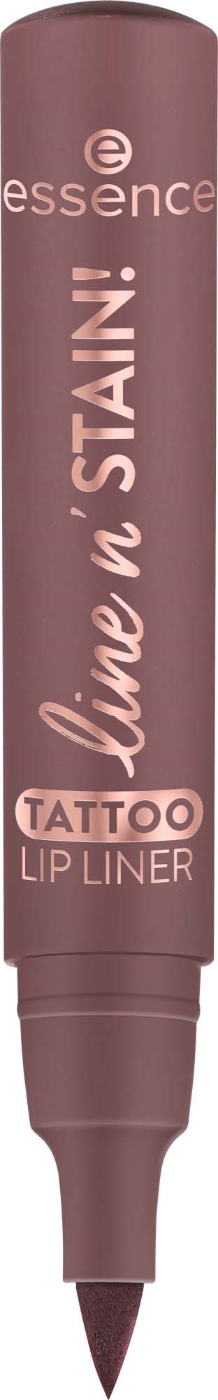 Roze lipliner stift met de woorden Love 'n' Stain en Tattoo. Beperkte tekst, eenvoudig ontwerp. Geen achtergronddetails.