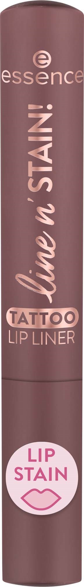 Een bruine lippenstift met roze en witte tekst die een lip stain product voor tatoeages promoot.