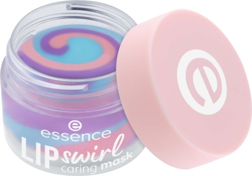 Pieni purkki värikkäällä huulihanskamaskilla ja vaaleanpunaisella kannella, nimeltä essence LIP swirl caring mask.