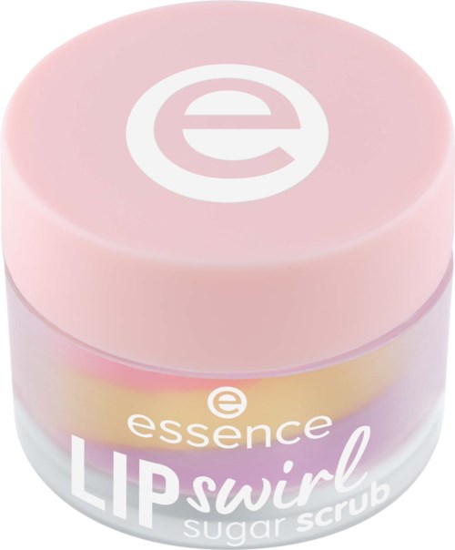 A round pink container with the essence logo and text for lip swirl sugar scrub.