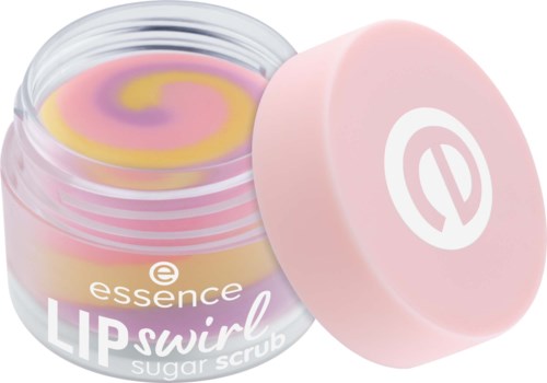 A swirl lip scrub in a clear container, pink lid, with pastel colors inside, and the brand name Essence.