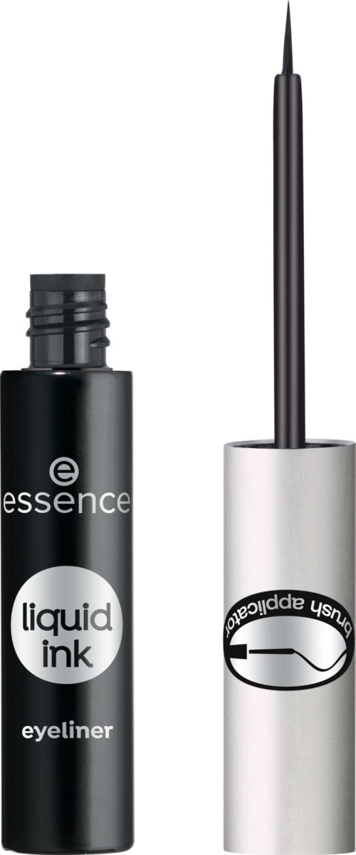 Een zwart vloeibare eyelinerfles met penseel, voor oogmake-up, toont de deksel verwijderd.