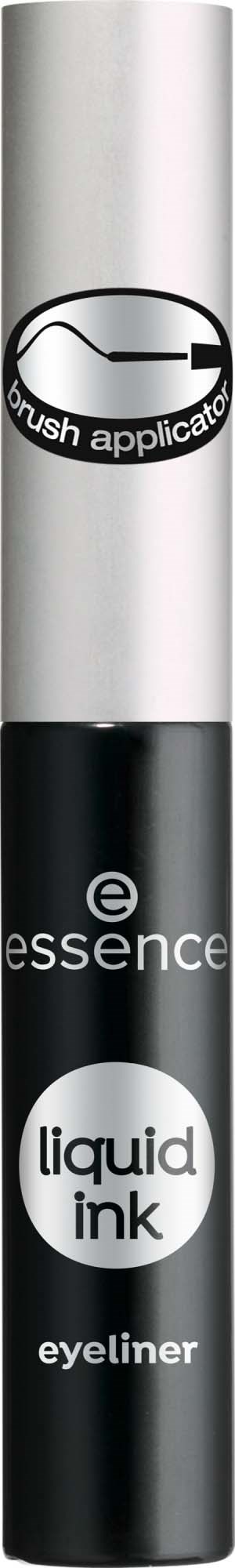 Een zwarte en zilveren pen met essence liquid ink eyeliner met een push applicator.