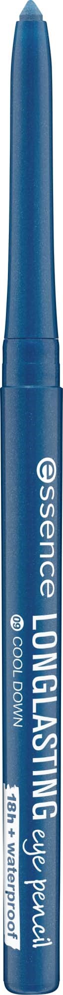Een blauwe waterdichte pen met witte tekst die zegt Essence Longlasting Eye Pencil.