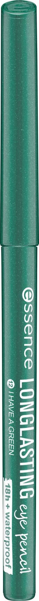 Een groene oogpotlood met witte tekst en dop, gelabeld als essence long-lasting eye pen.