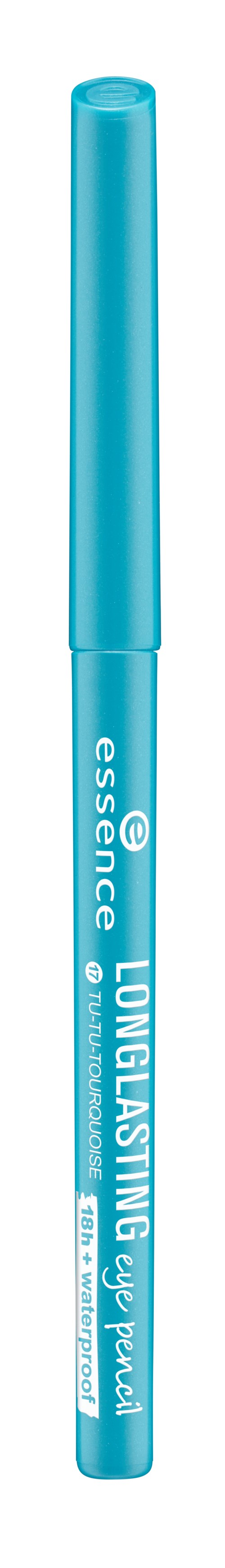 En blå penna med vitt text som säger 'essence longlasting' och ett lock ovanpå.