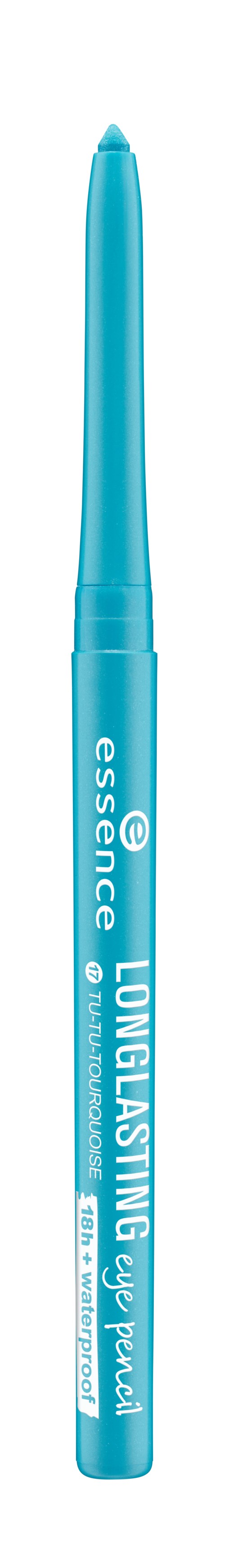 En blå penna med vit text, märkt "essence LONG-LASTING eye pencil," stående upprätt.