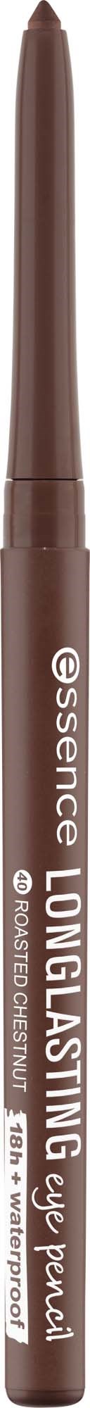 Ein brauner Stift mit weißen Text, sagt essence, langanhaltender Augenstift, mit feiner Spitze für präzises Make-up.