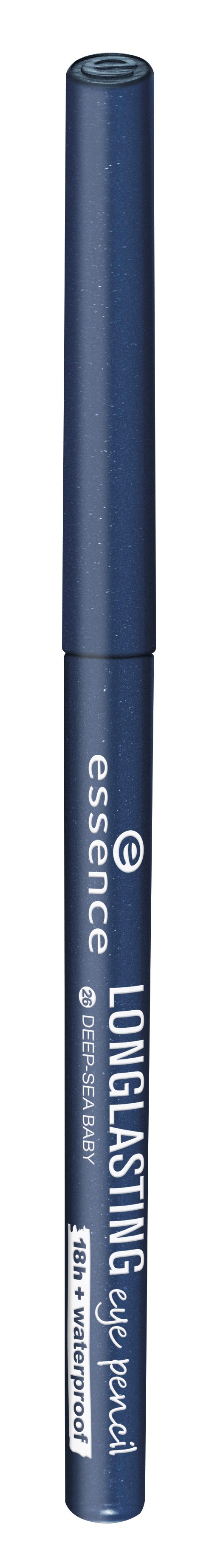 En blå eyelinerpennor med tydlig text, märkt 'essence LONGLASTING'.