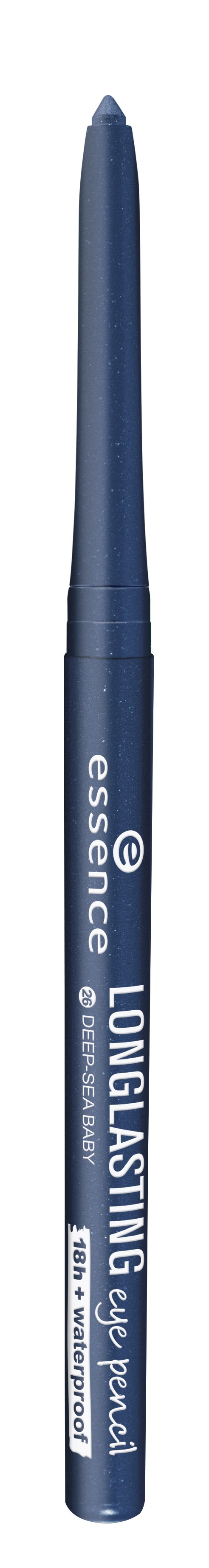 Blå liquidflytande ögonpenna med vit text och logo, avsedd för ögonmakeup.