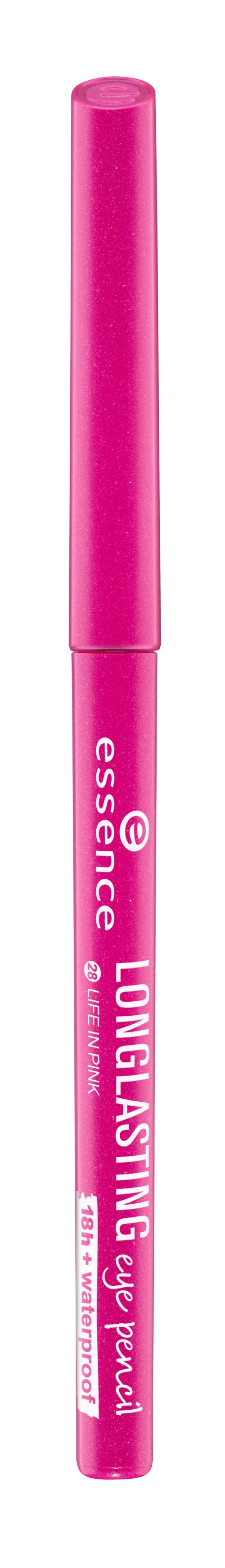 Rosa ögonpenna med vit text och lock, märkt som Longlasting Eye Pencil, av Essence.