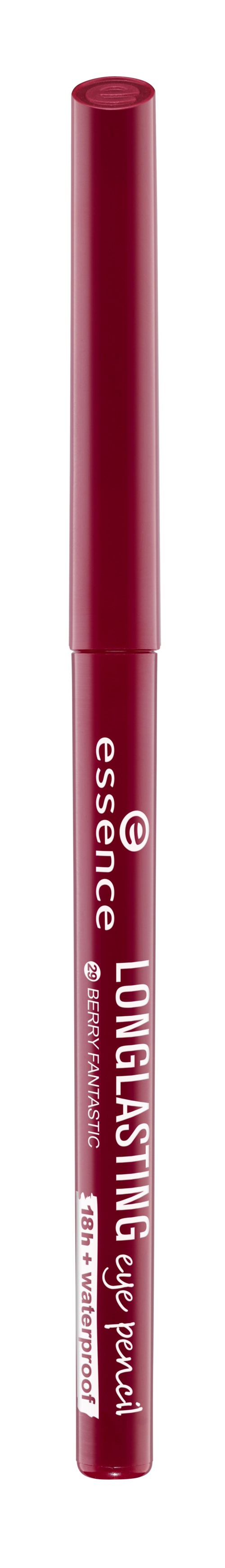 En rosa läppennpenna med lock, märkt 'essence longlasting eye pencil'.