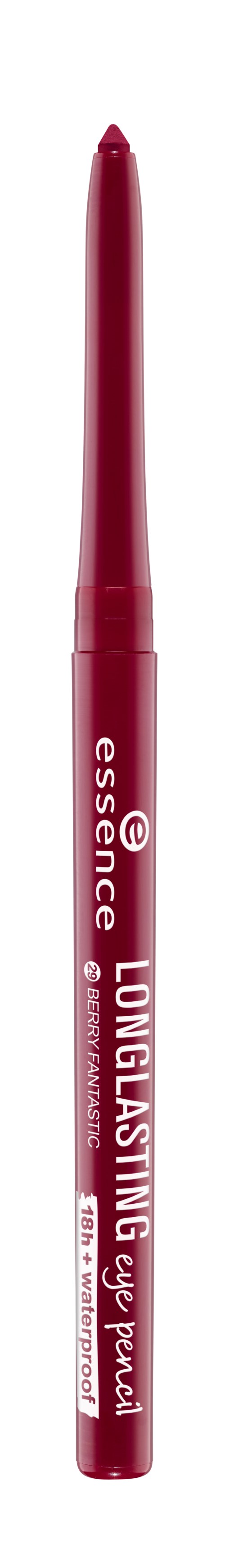 En rosa pen med vit text, märkt som essence longlasting eye pen, med spetsig spets för att rita eller linjera.
