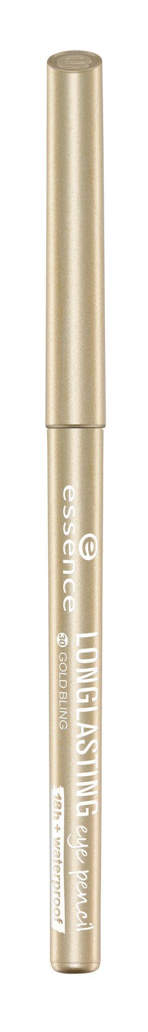 En beige eller ljusguldig penna med lock och text på kroppen.