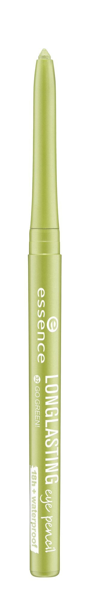 En ljusgrön penna med vit text, märk''Essence'' och ''Longlasting'' för makeup eller eyeliners.