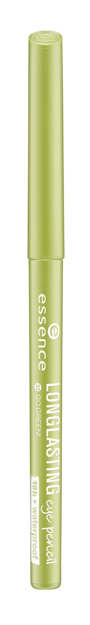 En ljusgrön penna märkt 'essence longlasting' och 'eyeliner' står vertikalt.
