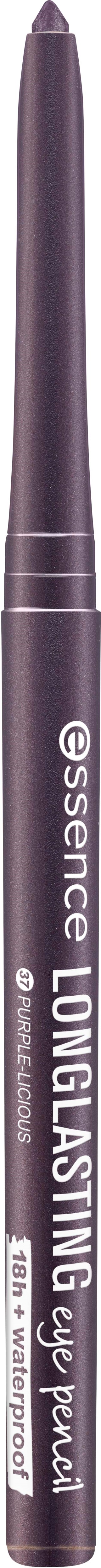 En svart ögonpenna med vitt text som säger 'essence LONG LASTING eye pencil' och en lila hatt.