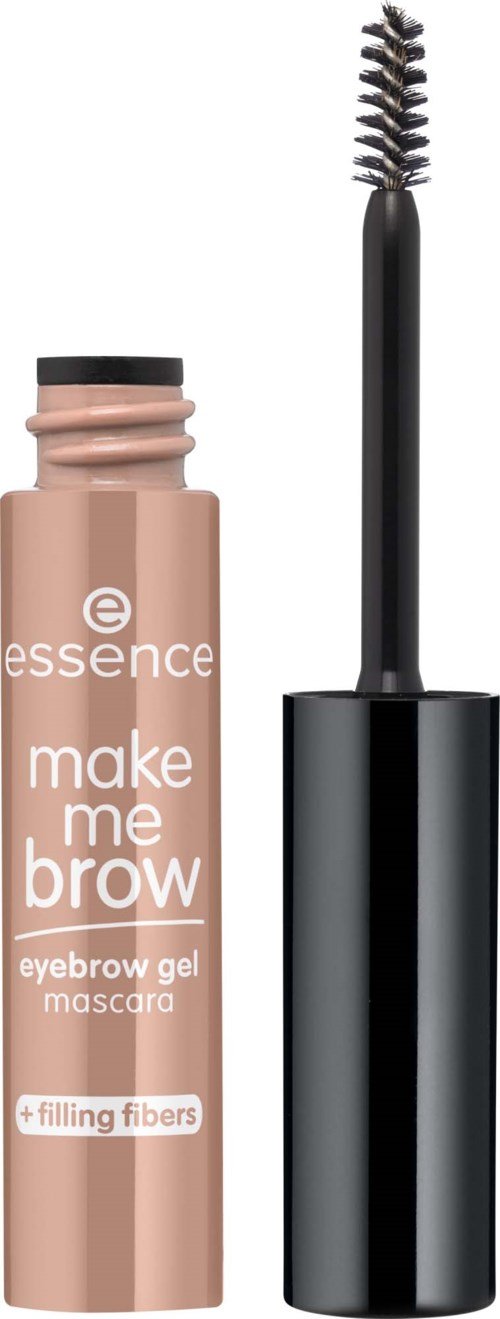 En ögonbrynsgelmascara med borste, märkt 'essence make me brow,' i beige tub, med svart lock.
