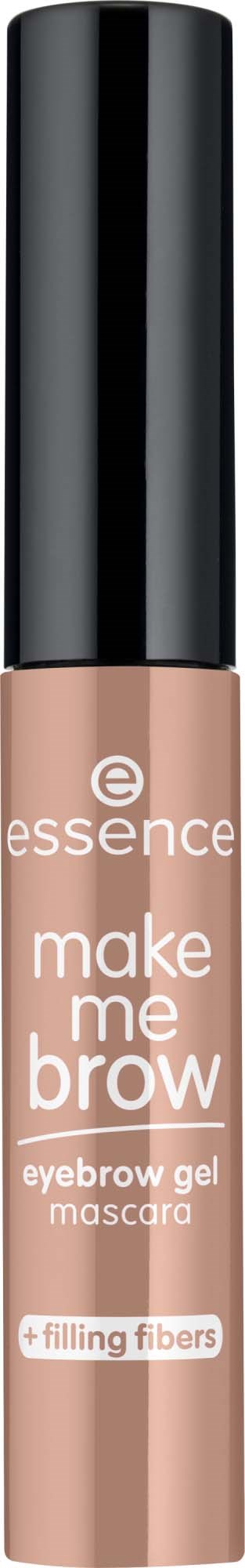 En tub med ögonbrynsgel och mascara med svart lock, märkt 'essence make me brow' och 'filling fibers' för tjockare ögonbryn.