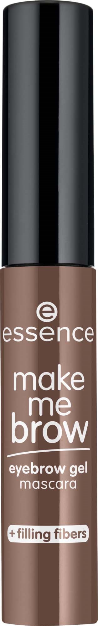 Ruskea kulmakynäesimäinen geeli, jossa musta korkki, Essence Make Me Brow, täyttöharjasten kanssa.