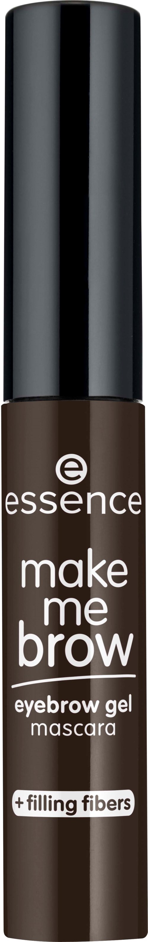 En brun ögonbrynsgel i tub med svart lock, märkt "essence make me brow" och "ögonbrynsgel mascara".