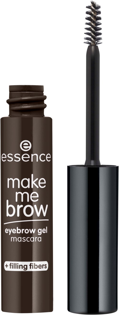 En brun ögonbrynsgel i tub med borstapplikator, märkt 'essence make me brow'.