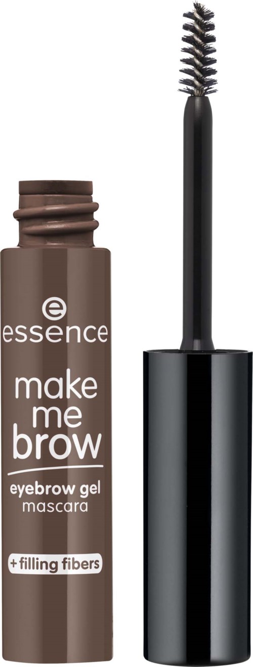 Ruskea kulmakarvageeli putkessa mustalla harjalla ja valkoisella tekstillä, merkki Essence make me brow.