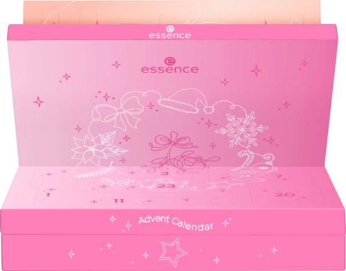 Roze adventkalender met feestelijke decoraties en 24 kleine raampjes, genummerd van 1 tot 24.