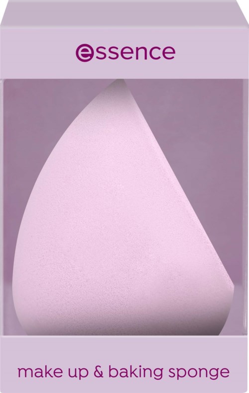 A pink makeup and baking sponge inside a purple box labeled essence.