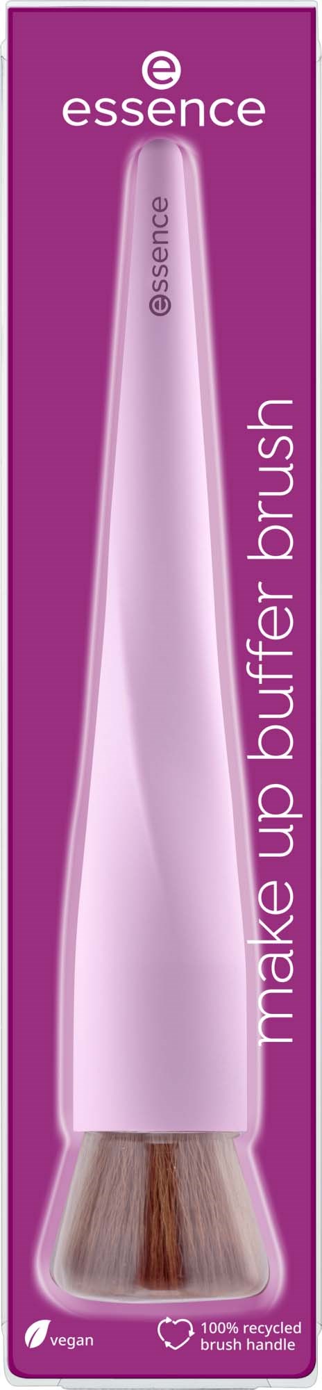 Een roze make-up kwast met een witte handvat met de tekst make up buffer brush op paarse achtergrond.