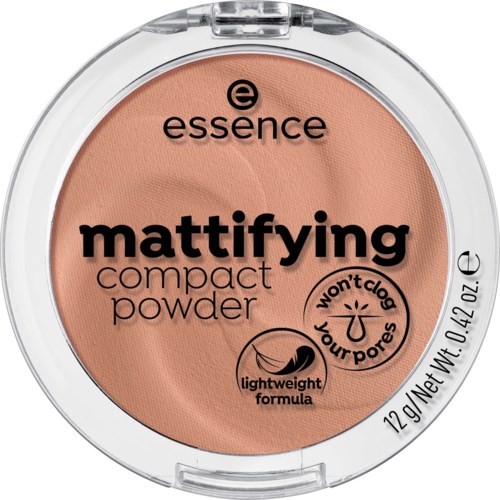 A compact round makeup container with beige powder labeled essence mattifying compact powder, lightweight formula, 12g.