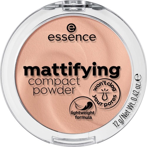 A round compact with beige powder, labeled as essence mattifying compact powder, lightweight formula, 12 grams.