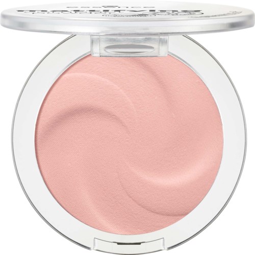 Some pink blush in a compact with a clear lid and swirl design, used for face makeup.