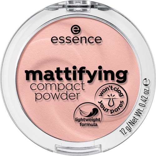 A compact powder with pink color and black text on clear packaging, labeled for matte finish, lightweight formula.