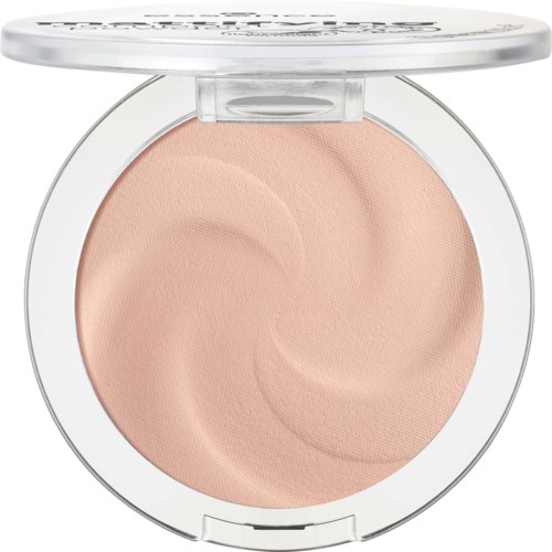 Een compacte make-upproduct met licht perzikkleurige poeder in een heldere ronde behuizing.