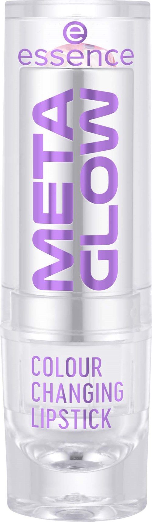 En tydlig tub med lila text som visar att det är ett färgskiftande läppstift från essence, kallat Mega Glow.