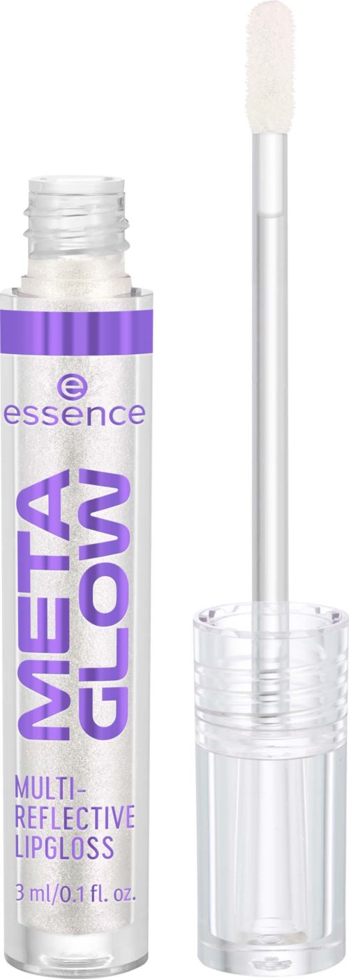 Een kleine paarse en witte lipglossfles met een applicatorborstel.