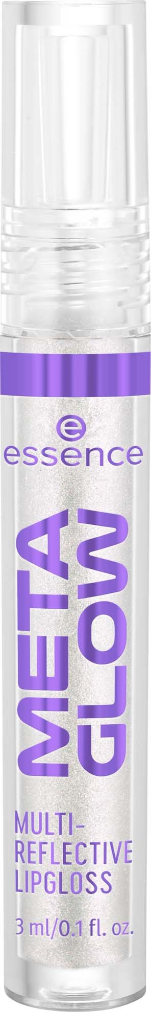 Een kleine, doorzichtige lipgloss-tube met paarse tekst die "Meta Glow" en "Multi Reflective Lipgloss" zegt.