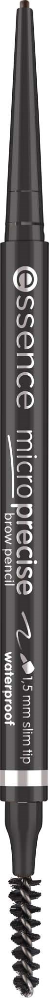 Een zwarte make-up potlood met een borstelkop, gemerkt essence micro precise. Het wordt gebruikt voor oogmake-up.